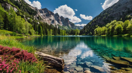 A crystal clear mountain river running over smooth stones.