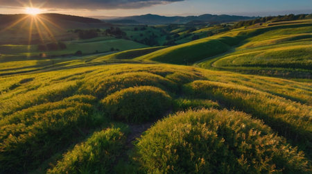 A sunlit meadow with rolling hills and lush greenery.