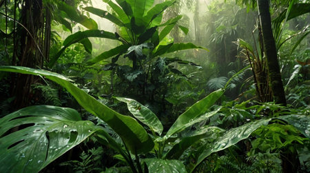 A dense, lush forest with a variety of green plants and trees.