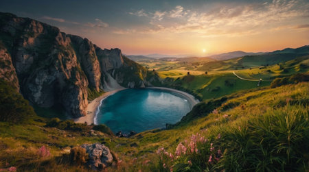 A dramatic coastal landscape with crashing waves.