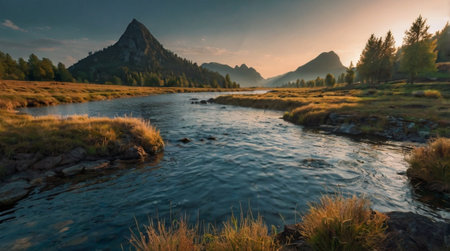 A sunrise over a calm lake covered with morning mist.の写真素材
