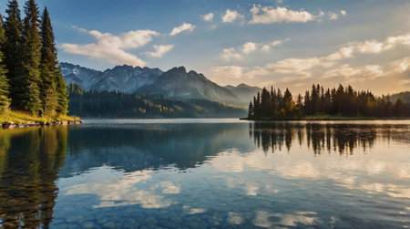A calm river winding through a green valley surrounded by mountains.の写真素材