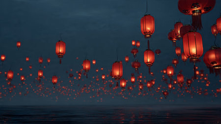 Chinese lantern decorations glowing brightly in a luxury red background.