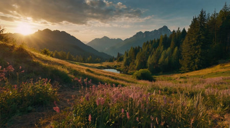 Snow-covered mountain peaks glowing under the warm light of the morning sun.