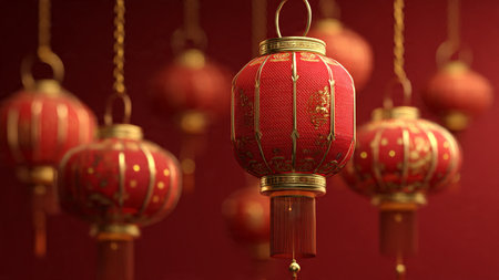 Elegant festive 3D background with lanterns and Asian patterns.