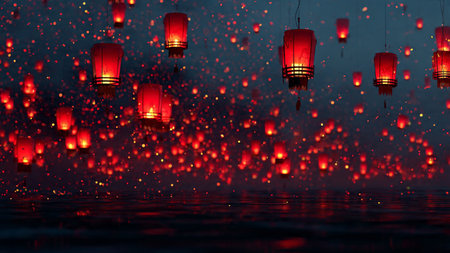 3D Chinese New Year composition with gold coins and decorative lantern lights.の写真素材