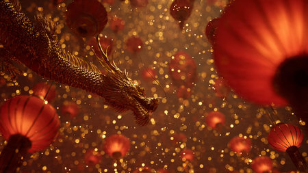 Chinese New Year festive background with lanterns and gold sparkles.の写真素材