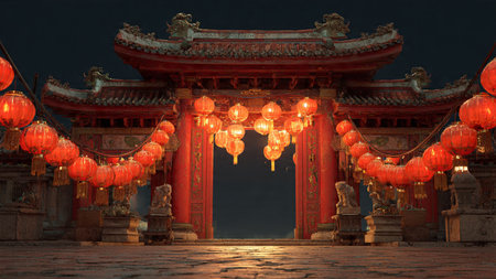 3D Chinese New Year greeting background with lanterns and golden coins.の写真素材