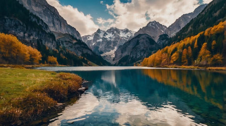 panoramic view of alpine lake in autumn, switzerlandの写真素材