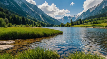 Panoramic view of a mountain lake in the italian alps