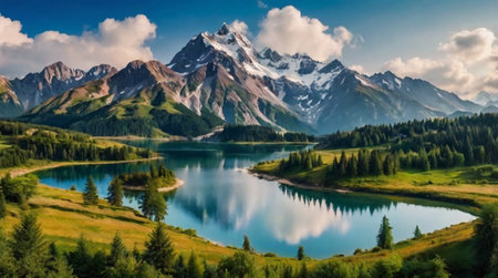 Panoramic view of the beautiful mountain lake in the Alps.