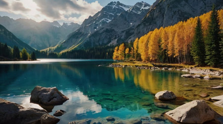 Mountain lake in autumn. Mountain lake in the mountains. Beautiful mountain lake in autumn.