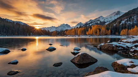 Mountain lake at sunset, Bavaria, Germany