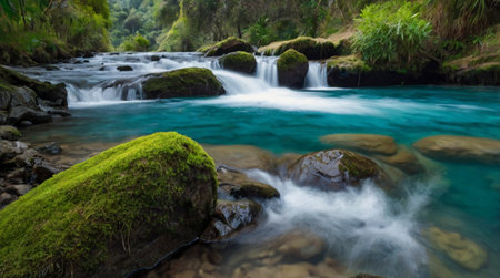 Long exposure of a waterfall in the rainforest of Erawan National Park