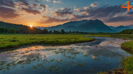 Mountain landscape with a river at sunset. Altai, Russia