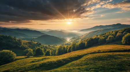 Majestic sunset in the mountains landscape. Dramatic sky. Carpathian, Ukraine, Europe. Beauty world.