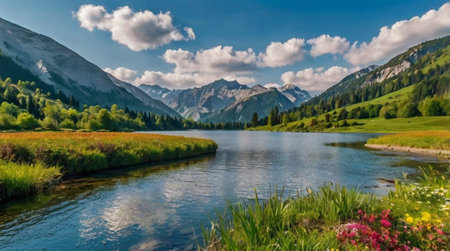 Panoramic view of idyllic alpine lake and mountains
