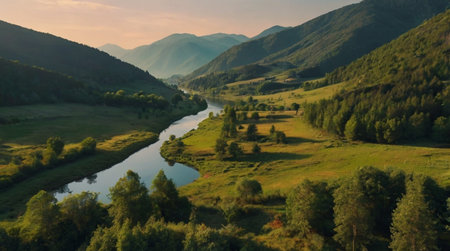 Aerial view of the river and forest in the mountains at sunset