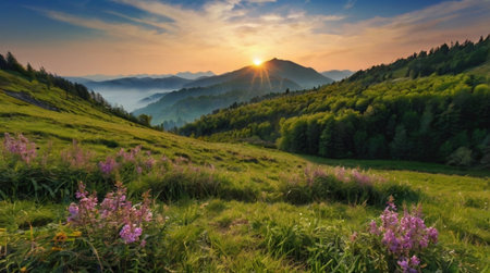 Panorama of mountain meadow with pink flowers at sunset. Carpathian, Ukraineの写真素材