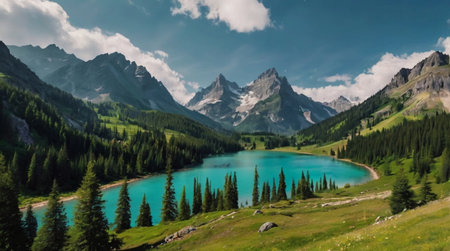 Panoramic view of beautiful turquoise lake in the mountains