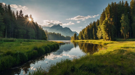 Mountain lake and forest. Beautiful summer landscape in the mountains.
