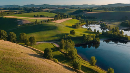 Aerial view of beautiful summer landscape with lake and meadows.