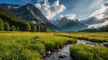 Panoramic view of the mountain river in the Altai mountains.