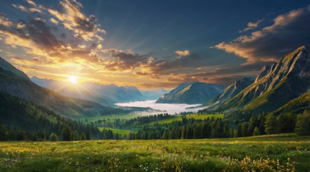 Beautiful summer landscape in the mountains. Sunrise in the mountains.