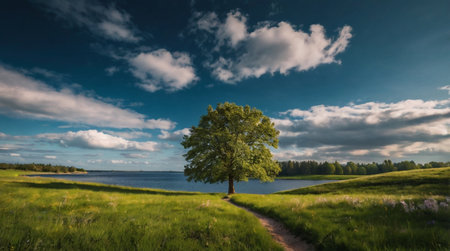 Lonely tree on the lake shore. Summer landscape. Panorama