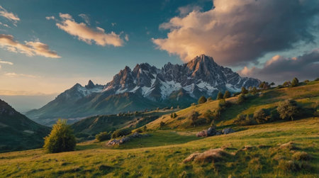 Panoramic view of the mountains at sunset, Dolomites, Italy