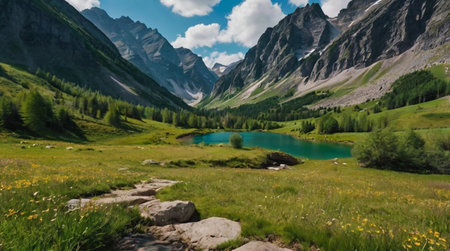 Panoramic view of alpine lake in the mountains in summer