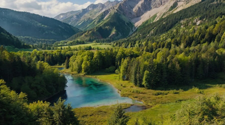 Panoramic view of the mountain lake in the Swiss Alps.