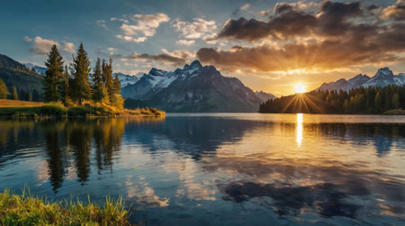 Panoramic view of beautiful alpine lake with reflection in water at sunset. Location place Ramsau,...