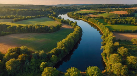 Aerial view of the river and forest. Beautiful summer landscape.