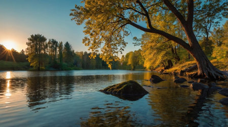 Sunset on the river. Beautiful summer landscape with river and trees