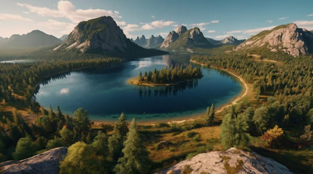 Aerial view of beautiful lake in the mountains. 3d rendering