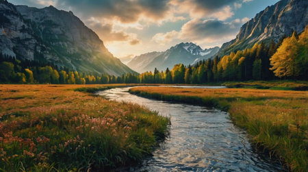 Panoramic view of the mountain river in the Dolomites