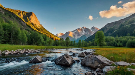 Mountain landscape with a river in the foreground, Altai, Russiaの写真素材