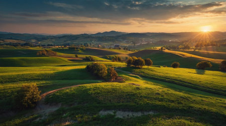 Sunset in Tuscany, Italy. Aerial view of green meadows