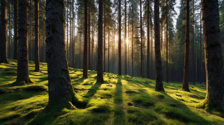 Sunset in the forest. Sun rays through the tree trunks.