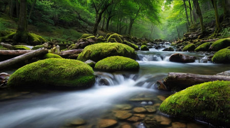 Stream in the green forest. Spring landscape. Beautiful nature scene.