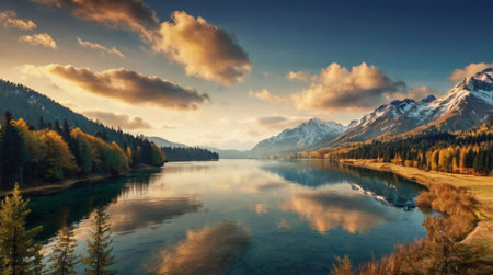 Panoramic view of alpine lake and mountains at sunset.
