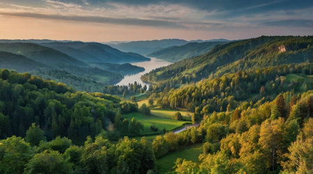 panoramic view of the lake and forest in the mountains at sunset