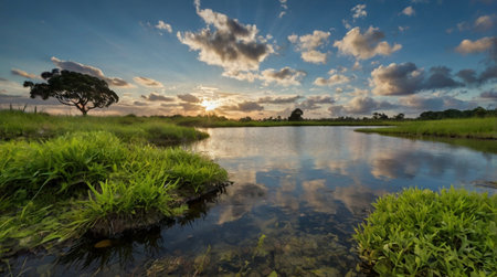 Sunset over the river in the countryside of Borneo.