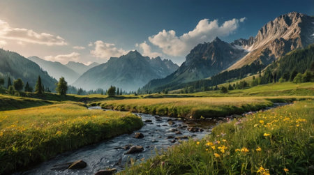 Panoramic view of the mountain river in the valley. Summer landscape.