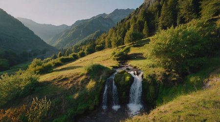 Panoramic view of a small waterfall in the mountains at sunset