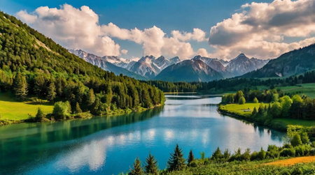Panoramic view of the lake in the mountains, Austria.