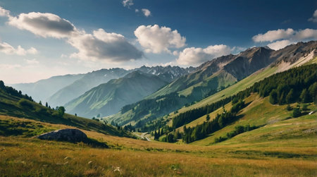 Panoramic view of the mountains. Scenic landscape with green meadow and forest.
