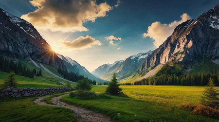 Mountain landscape. Panoramic view of the valley at sunset.