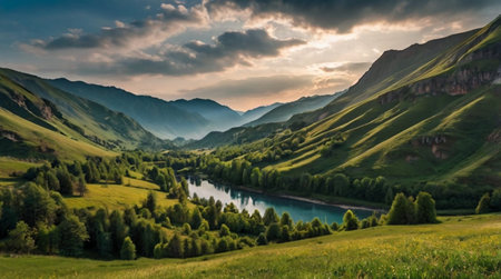Beautiful mountain landscape with blue river and green meadow at sunset